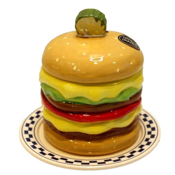 New Ceramic Brown Cheese Burger & Pickle Dish W/ Lid Food Storage By Luna & Sage - Picture 1 of 2